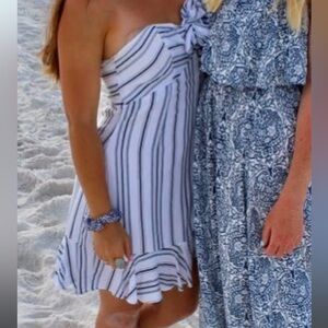Striped White and Blue Strapless Sundress